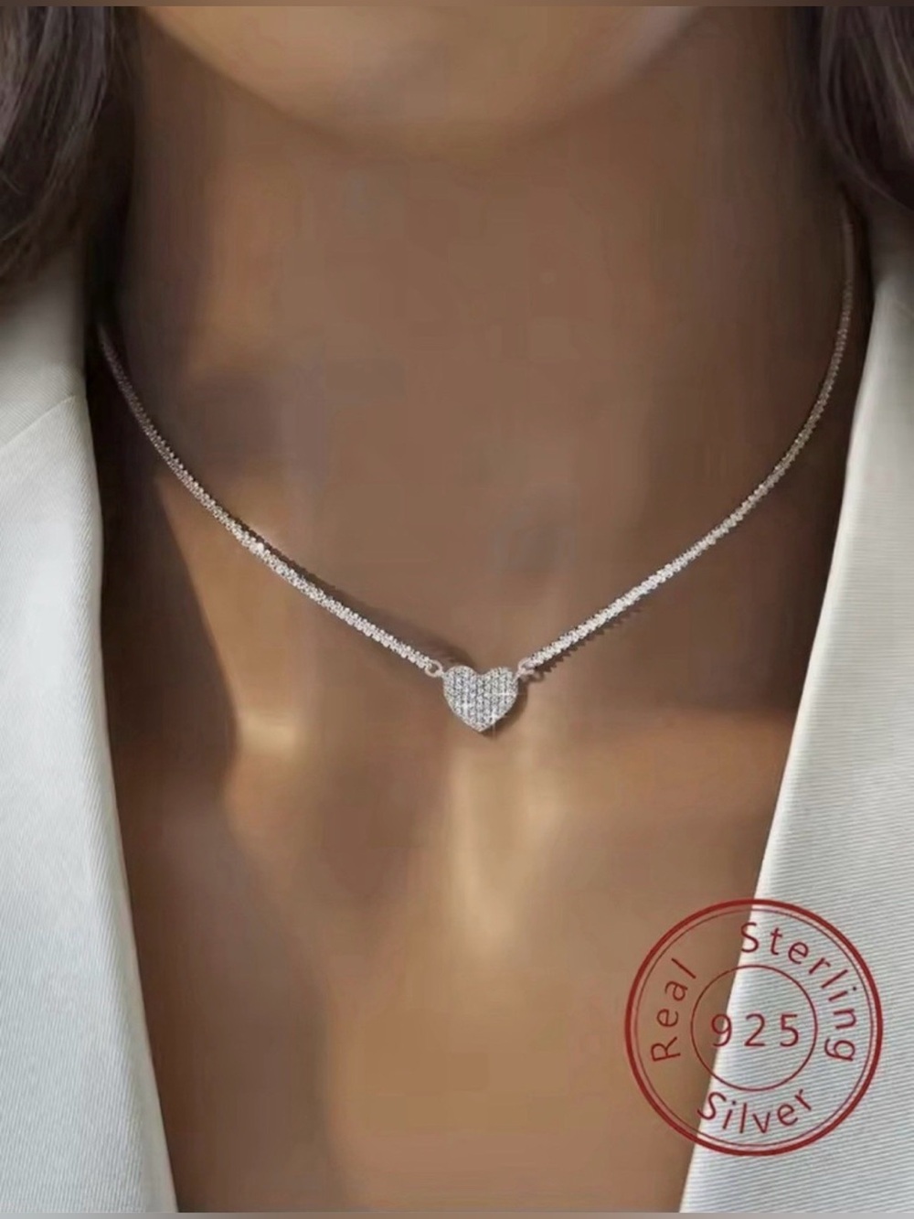Sterling Silver Pave Heart Necklace - Silver